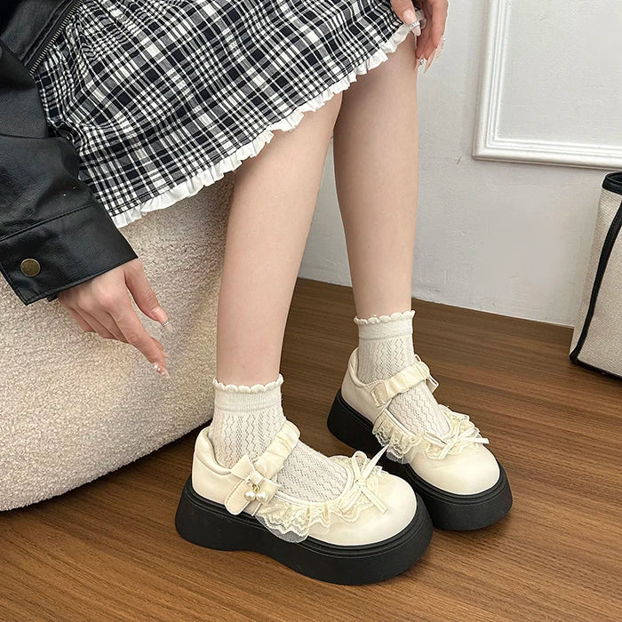 LIZAKOSHT  -  British Style Vintage Women Mary Jane Shoes Concise Butterfly-knot Single Shoes Ladies Height Increase Dress Leather Pumps