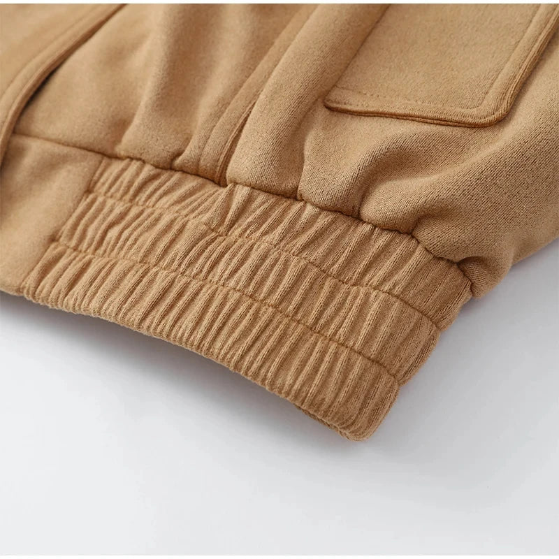 LIZAKOSHT  -  Elegant Cropped Suede Jacket Women 2025 New Autumn Winter Vintage Casual Loose Pocket Zipper Long Sleeve Short Coat Streetwear