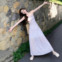 LIZAKOSHT  -  Fashionable Sexy Plaid A- Line Long Dress Strapless Waist-Cinching Slimming Summer New Style High Waist Pleated Fresh Sweet Styl