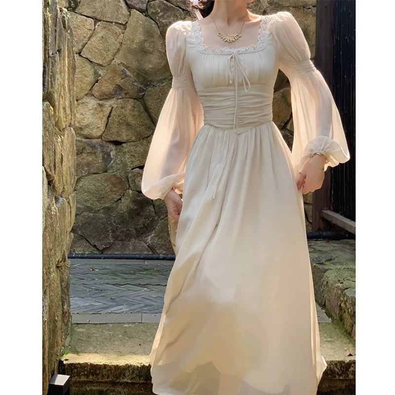 LIZAKOSHT  -  Korea Style Women's Long Nightdress Solid Square Collar Lace Patchwork Ladies Nightgown Long Sleeve Princess Night Dress Female
