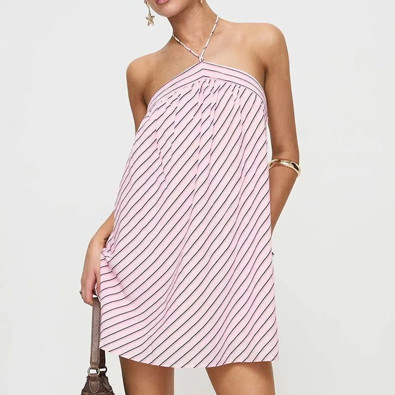 LIZAKOSHT  -  New Sexy Backless Lace Up Party Dresses Woman Chic Stripe Print Halter Mini Dress Summer Casual Sleeveless Hollow Out Boho Dress