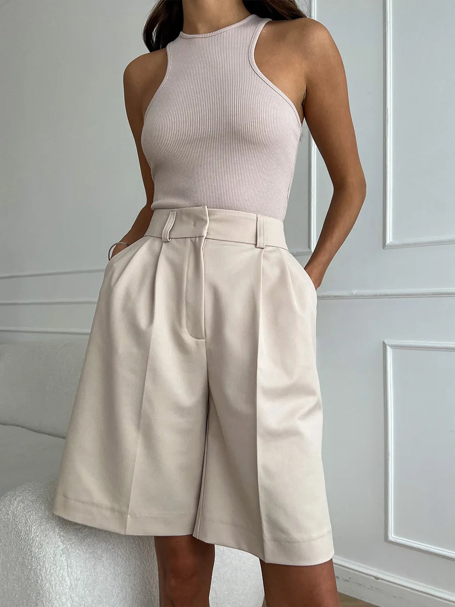 LIZAKOSHT  -  Straight Leg Pants Office Lady Loose Suit Shorts Pants Solid Versatile Shorts For Women High-waisted A-line Trousers