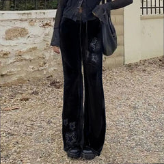 LIZAKOSHT  -  UShaped Star Rhinestone Velvet Low Waist Slim Flared Pants Trousers Jumpsuit Playsuit