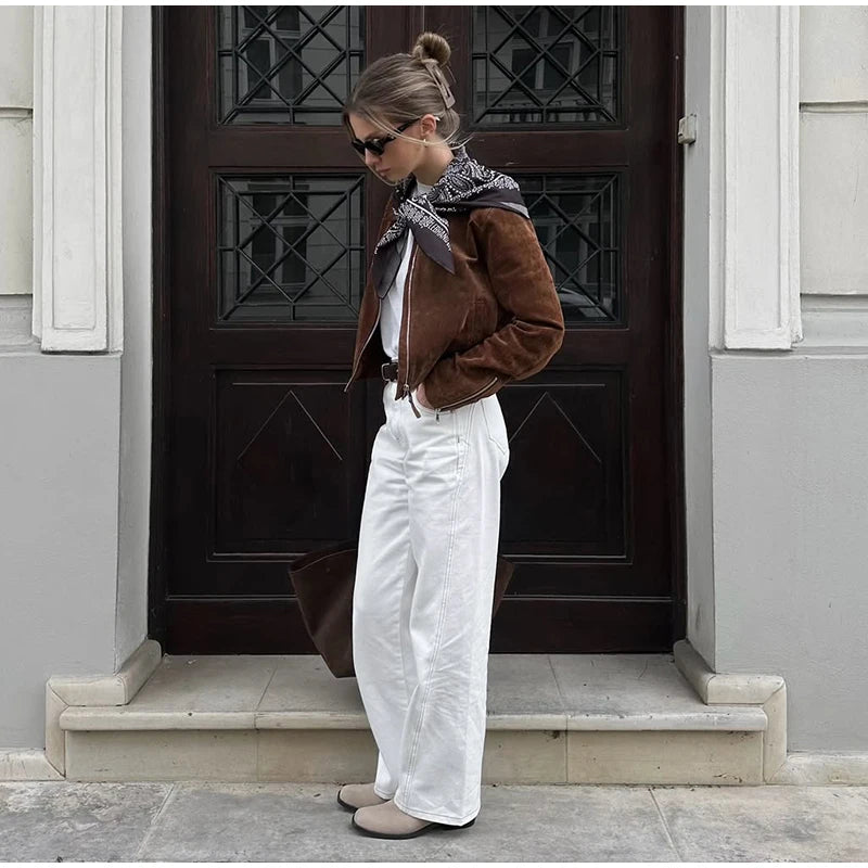 LIZAKOSHT  -  Fashion Suede Short Jackets Women Vintage Lapel Zippers Long Sleeve Pocket Jacket Coat 2025 New Autumn Winter Casual Streetwear