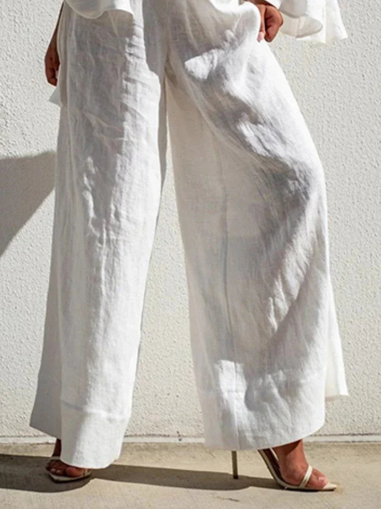 LIZAKOSHT  -  Solid White Casual Pants for Women Cotton and Linen Pants Elegant High Waisted Loose Female Clothes Wide Leg Trousers