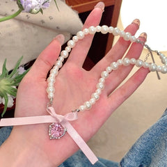LIZAKOSHT  -  Heart-Shaped Pearl Necklace Women Wedding Party Heart Cross Pendant Choker Chain Imitation Pearl Necklace Sweet Gift