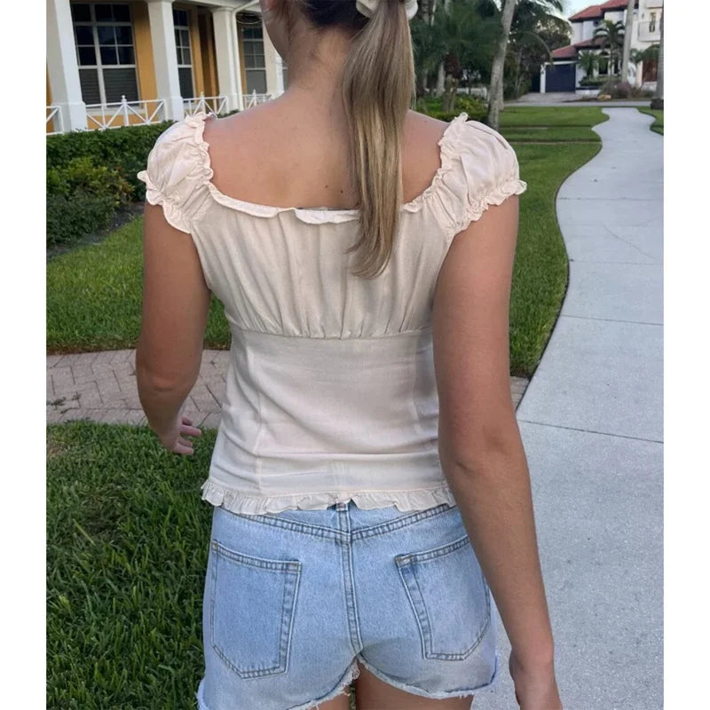 LIZAKOSHT  -  y2k Tank Top Women Summer Clothes Solid Color Cap Sleeve Button Down Slim Fit Frill T Shirt 2000s Vest Streetwear