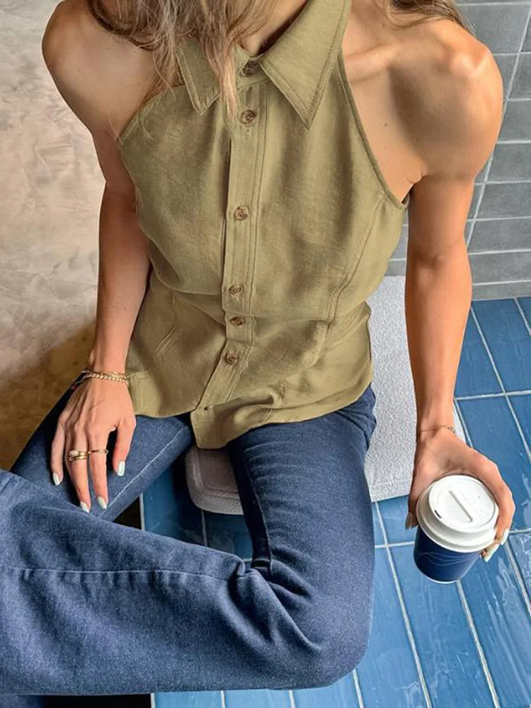 LIZAKOSHT  -  Women's Army Green Lapel Halter Sleeveless Button Front Shirt Elegant Waist Cinched Slim Casual Daily Blouse Streetwear Top
