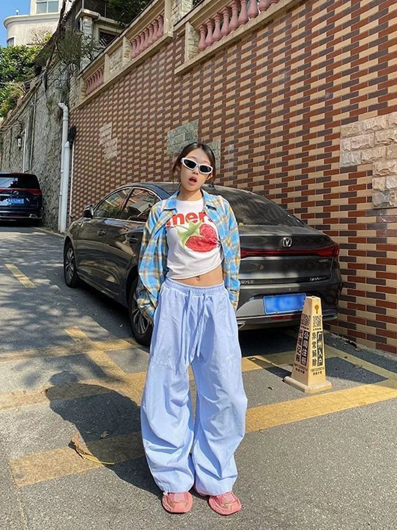 LIZAKOSHT  -  Women Striped Jazz Dance Pants Blue Loose Casual Lazy Wide Leg Pants Harajuku Y2K Summer American Streetwear Cargo Pants