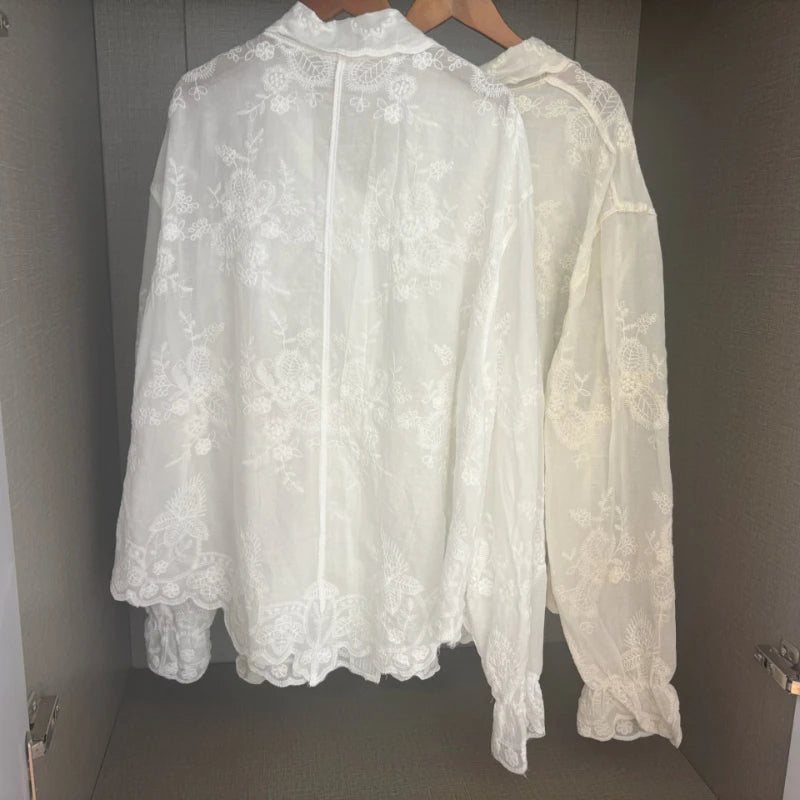 LIZAKOSHT  -  Early Autumn New Hot Selling Cotton Light Luxury Embroidered Flower Long Sleeve Loose Premium Sunscreen Shirt