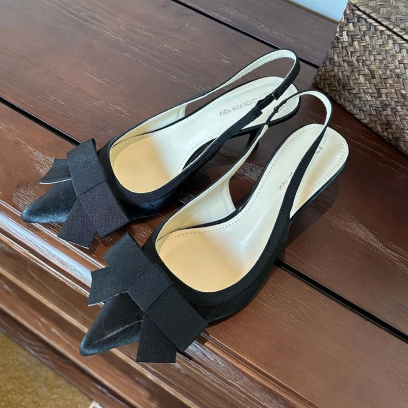 LIZAKOSHT  -  Bowknot Pointed Toe Thin Heel Women Sandals Elegant Satin Designer Heels Sexy Prom Backless Dress Shoes Zapatos De Mujer