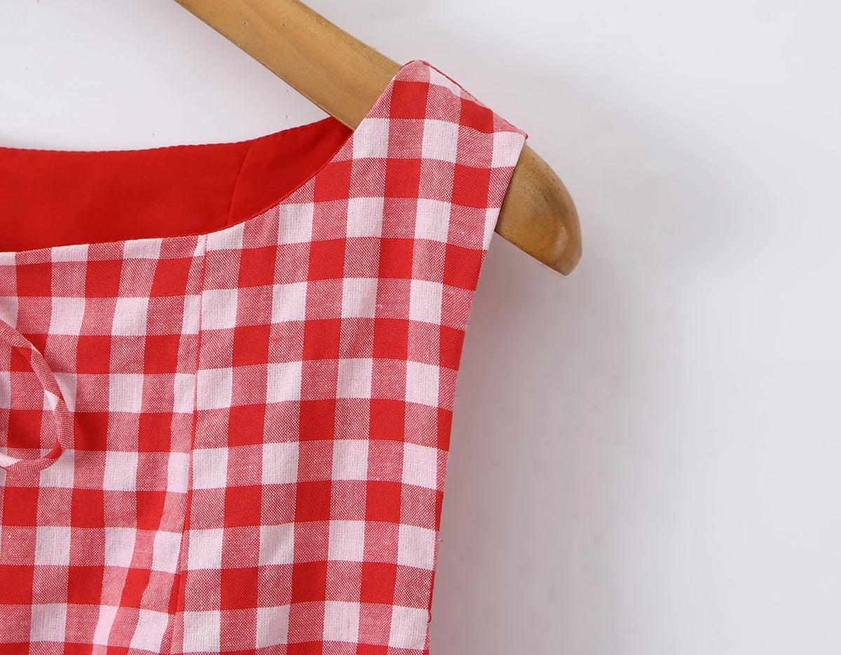 LIZAKOSHT  -  Sexy Red Gingham Plaid Mini Sleeveless Dress Women Bow O Neck Zipper Back Low Waist Ruched Hem Swing Tank Dresses Vestidos Black