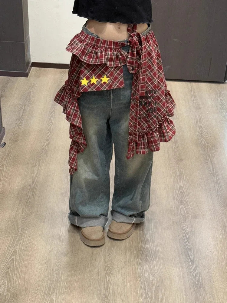 LIZAKOSHT  -  Y2k Aesthetic Plaid Irregular Ruffled Skirts Vintage Women Streetwear Letter Print Faldas Harajuku Grunge Casual Bandage Skirt