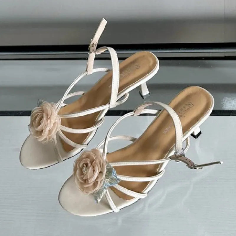 LIZAKOSHT  -  Floral Narrow Strap Designer Branded Sandals for Ladies Summer Open Toe Low Heeled Pumps Elegant Party Dress Buckle High Heels