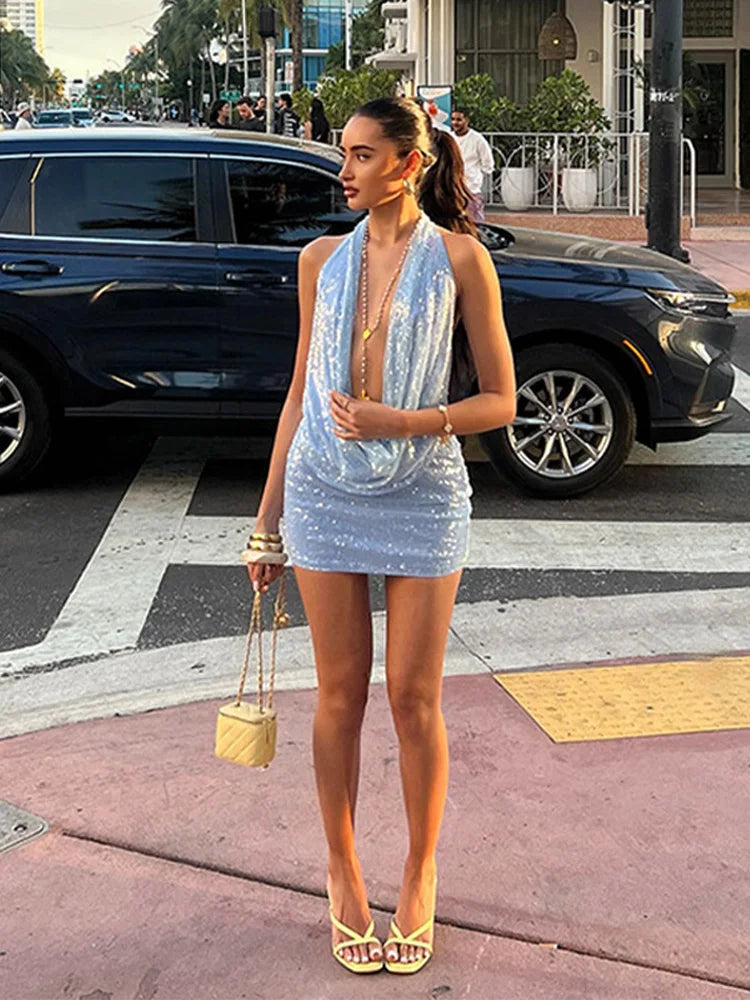LIZAKOSHT  -  Pile Collar Sequin Halter Top Short Skirt Set Deep V Hanging Neck Women Tank Blouse Sexy Backless Waistcoat Wrap Hip Skirts Suit