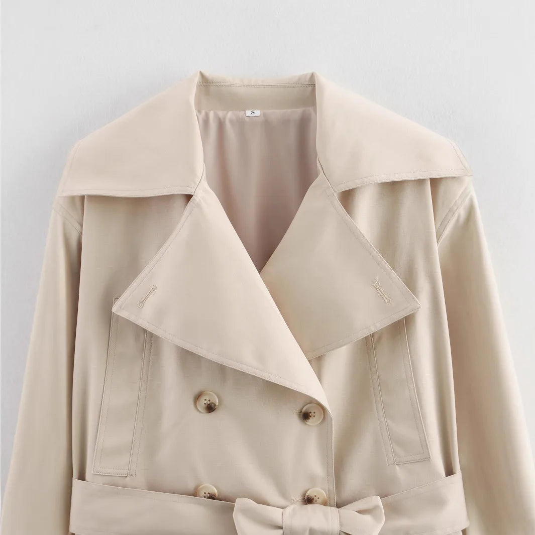 LIZAKOSHT  -  Fashion Simple Cropped Windbreaker Jackets Women New Spring Belt Long Sleeve Double Breasted Coats Solid Casual Short Coats