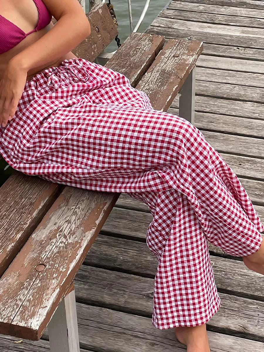 LIZAKOSHT  -  Y2K Vintage Women Girls Striped Plaid Pants Wide Leg Gingham Lounge Pants High Waist Striped Print Pajama Trousers Pants