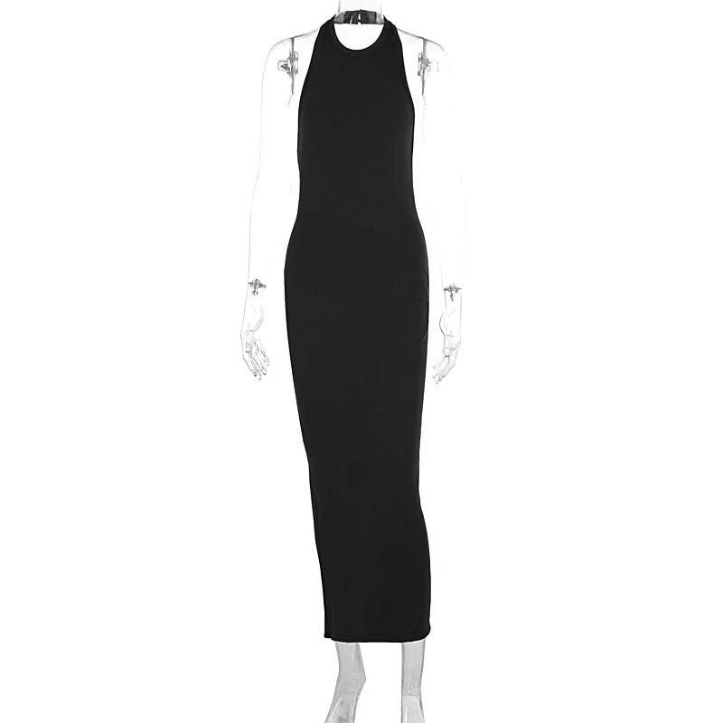 LIZAKOSHT  -  2025 Ladies Classic Backless Hanging Neck Off-shoulder Fashion Sexy Bodycon Package Hip Split Hem Maxi Dress Party Clothing