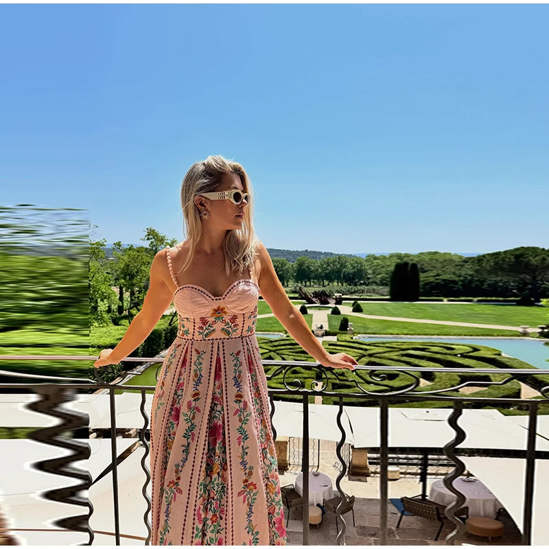 LIZAKOSHT  -  Sexy Printed Bead Sling Dress Women Fashion Sleeveless High Waist Pleated A-line Long Dresses 2025 Lady Summer Chic Party Robes