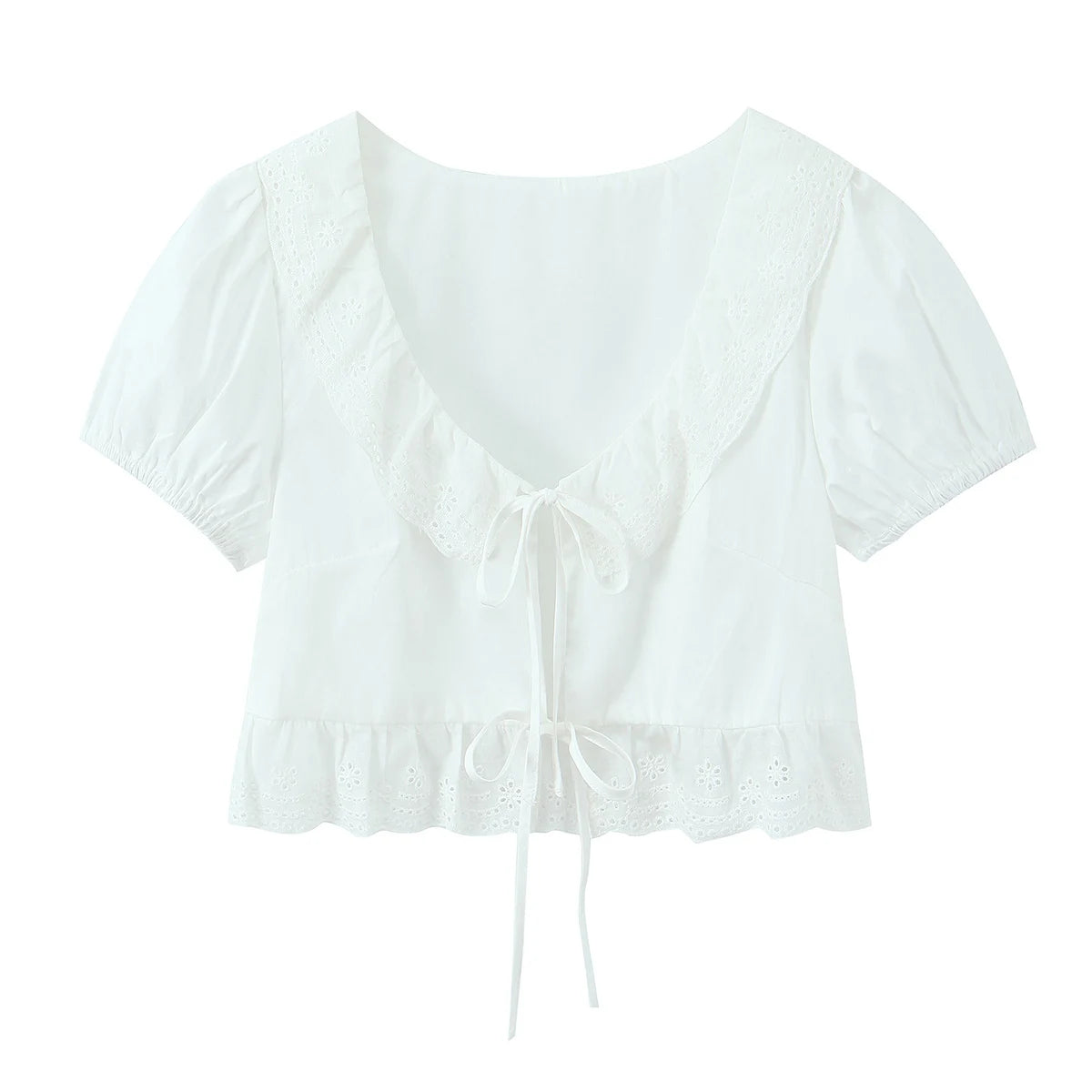 LIZAKOSHT  -  Sexy White Embroidery Hollow Out Hole Wood ears O neck Short Puff Sleeve Shirt Women Ruffles Hem Front Bow Lacing Up Crop Tops