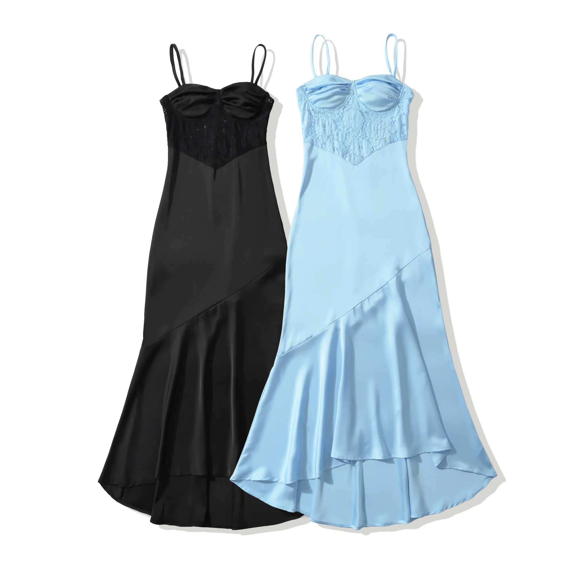 LIZAKOSHT  -  Fashion Light Blue Satin Ruched Bra Spliced Lace Sling Dress Women Hollow Out Slim Waist Midi Long Asymmetry Dresses Femme Robe