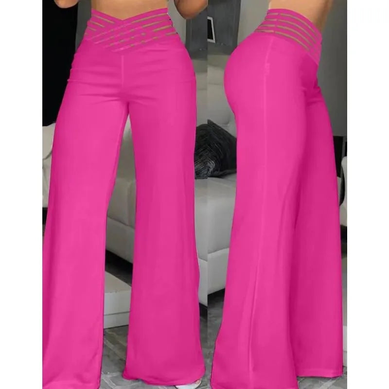 LIZAKOSHT  -  Pants Women's Cutout Cross-over Belted Elegant Commuter Slightly Flared High-waisted Wide-leg New Casual Trendy Niche Versatile