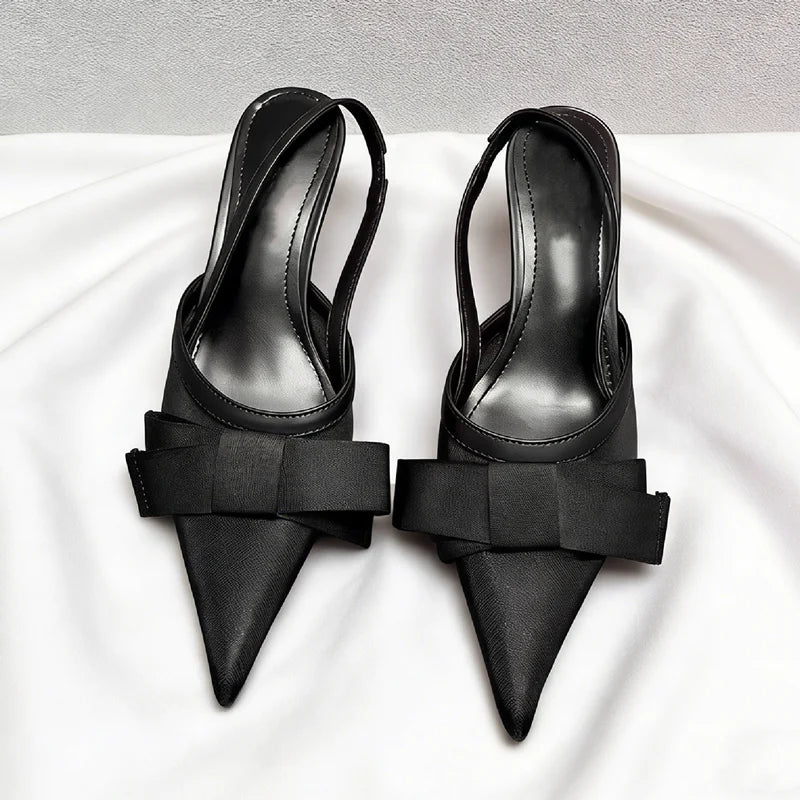 LIZAKOSHT  -  Satin Luxury High Heels Women Bow Pointed Toe Pumps Brand Slingbacks Banquet Party Shoes Designer Women Sandals Summer