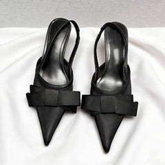 LIZAKOSHT  -  Satin Luxury High Heels Women Bow Pointed Toe Pumps Brand Slingbacks Banquet Party Shoes Designer Women Sandals Summer