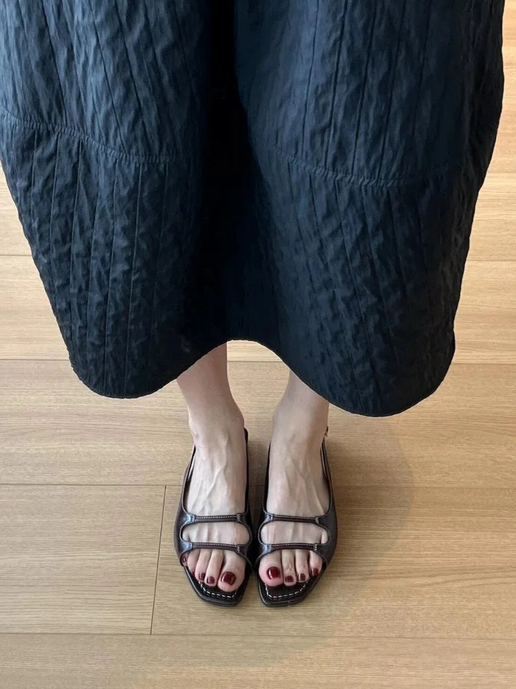 LIZAKOSHT  -  Designer Retro Summer Buckle Sandals French Elegant Women Flat Sandals Beach Square Toe Roman Shoes Ladies