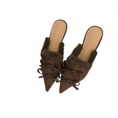 LIZAKOSHT  -  Flock Fur Shoes Low Slippers Flat Slides Pointed Toe Plush Rome Fabric PU Rubber Hoof Heels Shoes Woman Slippers Flat Low F