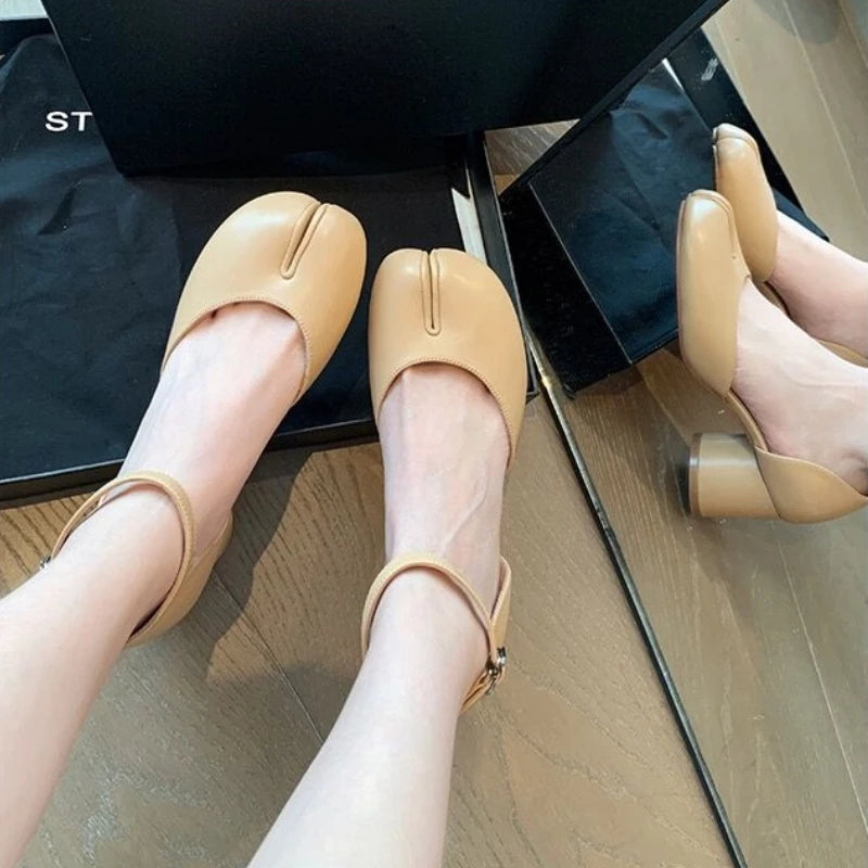 Lizakosht Women Fashion Split Toe Ninja Tabi Pumps High 6cm Heels Mary Janes Round Head Shoes Buckle Strap Shallow Sandals Shoes