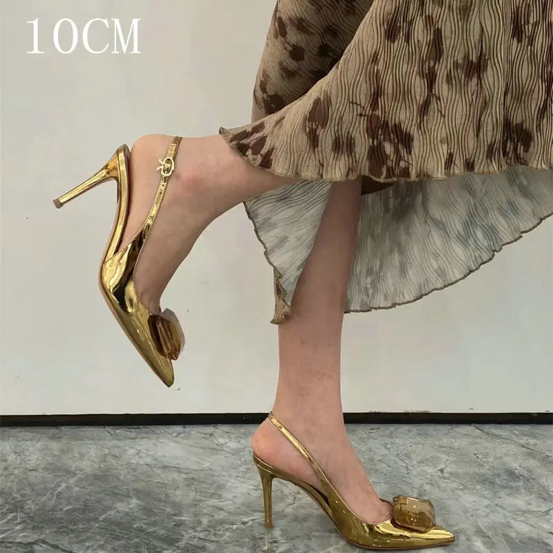 LIZAKOSHT  -  Summer New High-Heeled Shoes Pointy Square Buckle Crystal Shallow Mouth Thin Heels Elegant Sandals For Woman