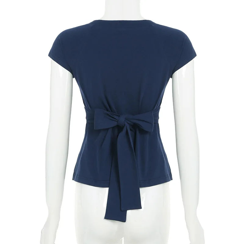 LIZAKOSHT  -  Bow Tie V Neck Short Sleeve T Shirts Women Clothing Summer Girls Tops