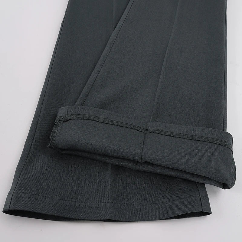 LIZAKOSHT  -   Women Low Waist Flare Suit Pants Double Button Slim Bootcut Trousers Solid Dark Gray Vintage Office Business Casual Streetwear