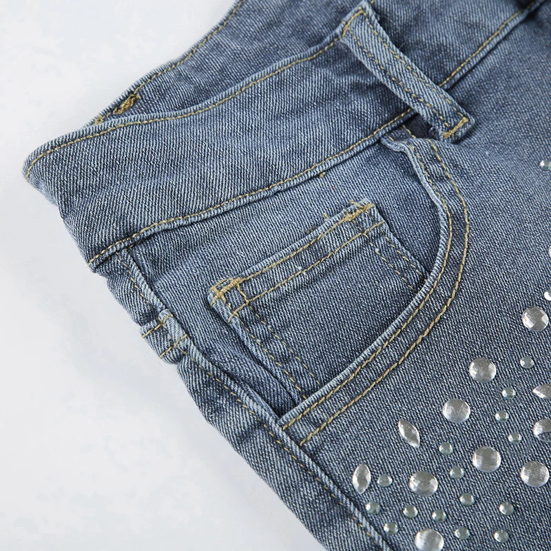LIZAKOSHT  -  Rhinestone Detail Fashion Frayed Jeans Shorts Y2K Vintage Blue Summer Casual Stylish Women Denim Shorts Streetwear
