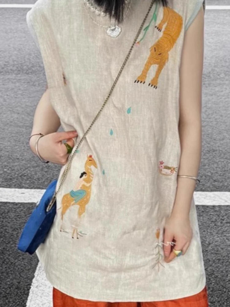LIZAKOSHT  -  A Two-piece Set Casual Sleeveless Embroidered Top and High-waisted Wide-leg Pants Japanese Style Lazy Tanks Women's Clothing