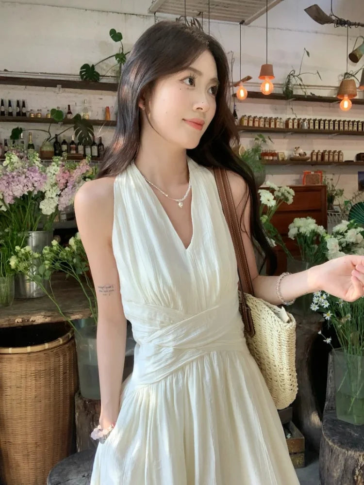 LIZAKOSHT  -  Summer Apricot V Neck Elegant Backless Sexy Club Pleated Vest Long Dress Women High Waist Vacation Slim Evening Party Dress Robe