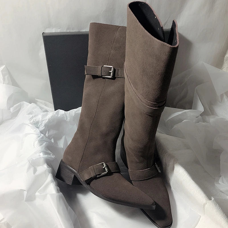 LIZAKOSHT  -  Fashion Vintage Women Western Knee High Boots Fashion Winter Belt Buckle Stripper Party Shoes Zapatos De Mujes