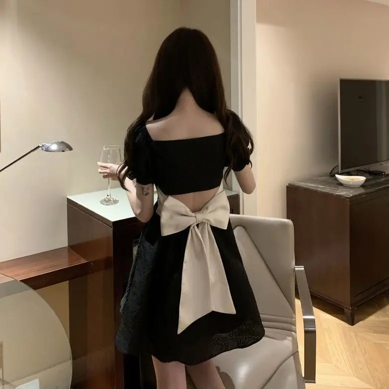 LIZAKOSHT  -  French Bubble Sleeved A-line Skirt For Womens Clothing 2024 Summer New Bow Short Sleeved Dress Female Square Neck Dresses