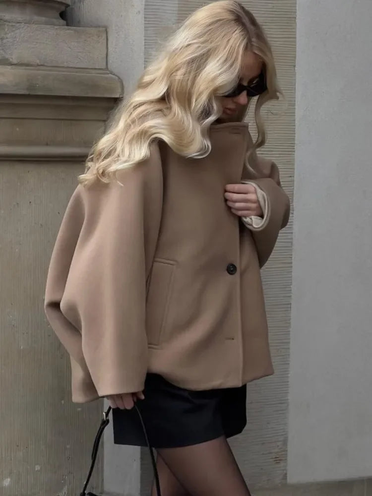LIZAKOSHT  -  Bat-Sleeve Woolen Coat Black Lapel Single Breasted Casual Loose Thicken Wool Short Overcoat French Winter Women's Outwear Top
