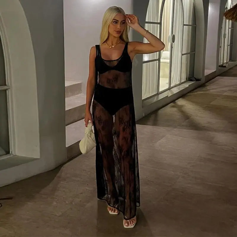 LIZAKOSHT  -  Perspective Lace Cover Up Dress Hollow Out Mesh Sexy Halter Loose See Through Women Suspender Long Dresses Spring Summer New