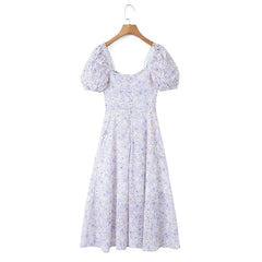 LIZAKOSHT  -  Sweet Floral Print Holiday Summer Dress Women Vintage Puff Sleeve Slit Hem A-line Midi Dresses French Style Robe