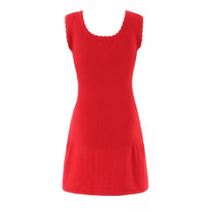 LIZAKOSHT  -  CHIC Wave O neck Rib Knitted Mini Sleeveless Dress Women Slim Waist Spliced Ruffles A-line Hem Knitting Dresses Short Sun Robe