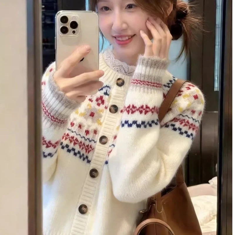 LIZAKOSHT  -  Elegant Fashion Women's Knitted Cardigan Sweater Casual Fit Autumn Winter New Style Y2k Fair Isle Pattern Grey Knit Top Jumper