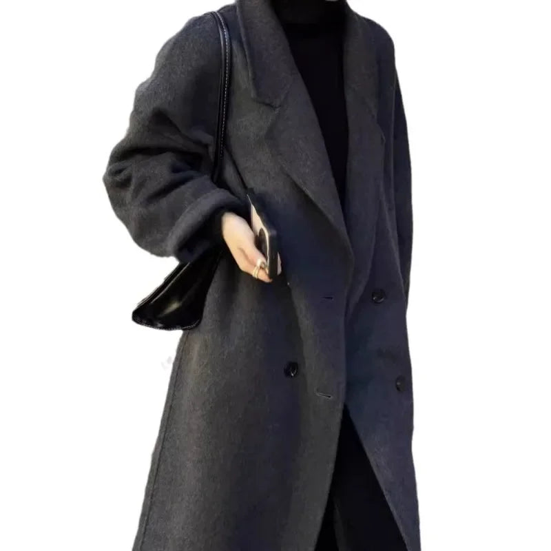 LIZAKOSHT  -  new Women Wool Blend Coat Solid Mid Long Woolen Blazer Thick Warm Blouse Women's Overcoat Office Lady Tops Autumn Winter