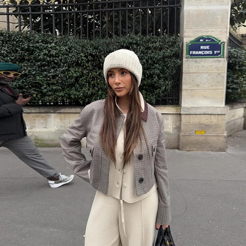 LIZAKOSHT  -  Plaid Short Jacket Pleated Skirt Set Women Chic Street Patchwork Collar Jackets Straight Pant 3 Piece Sets Lady Spring Outfit