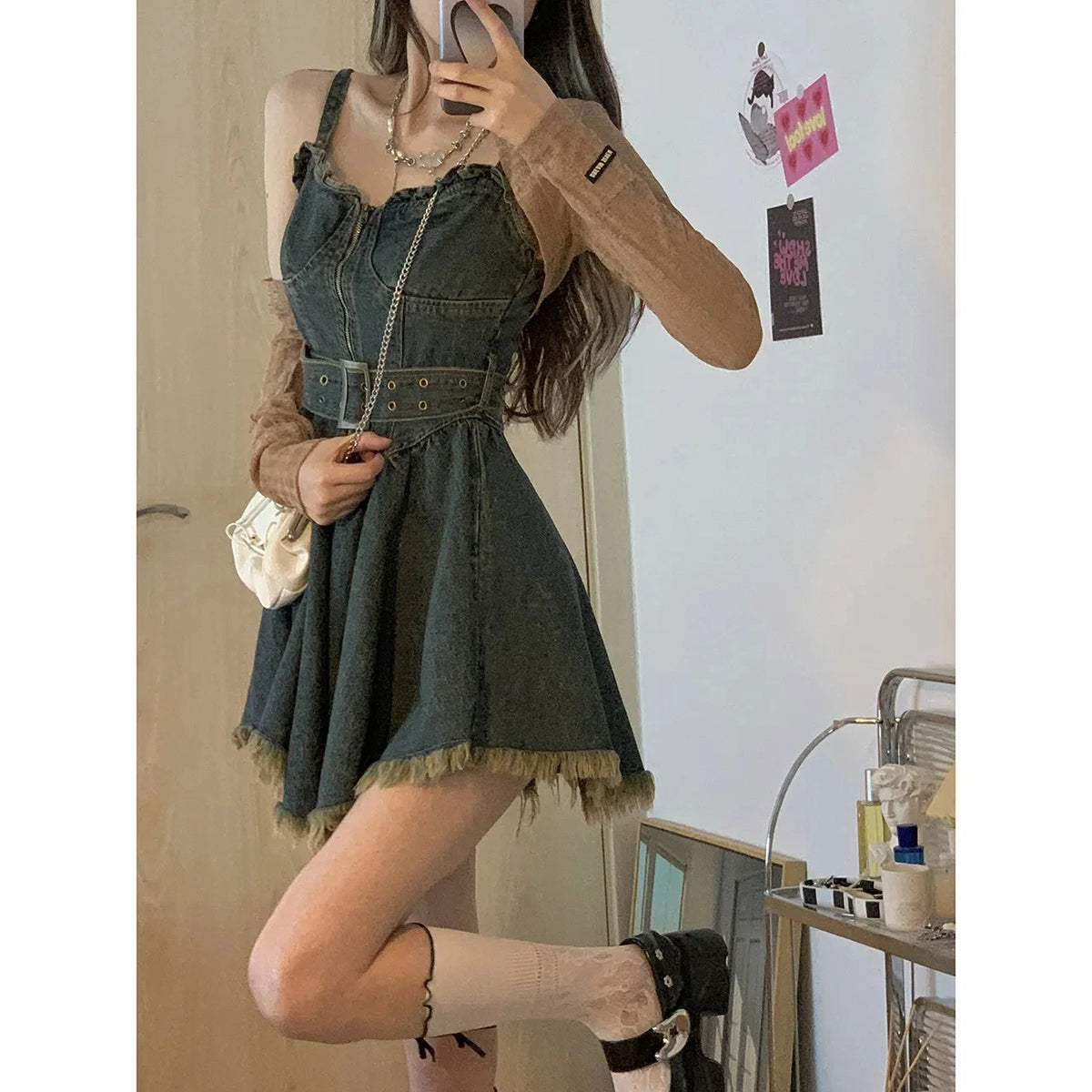 LIZAKOSHT  -  Pure Desire Style Belted Denim Mini Dress Women Vintage Irregular Tassel Spaghetti Strap Denim Dress Streetwear A-Line Tunic Ves