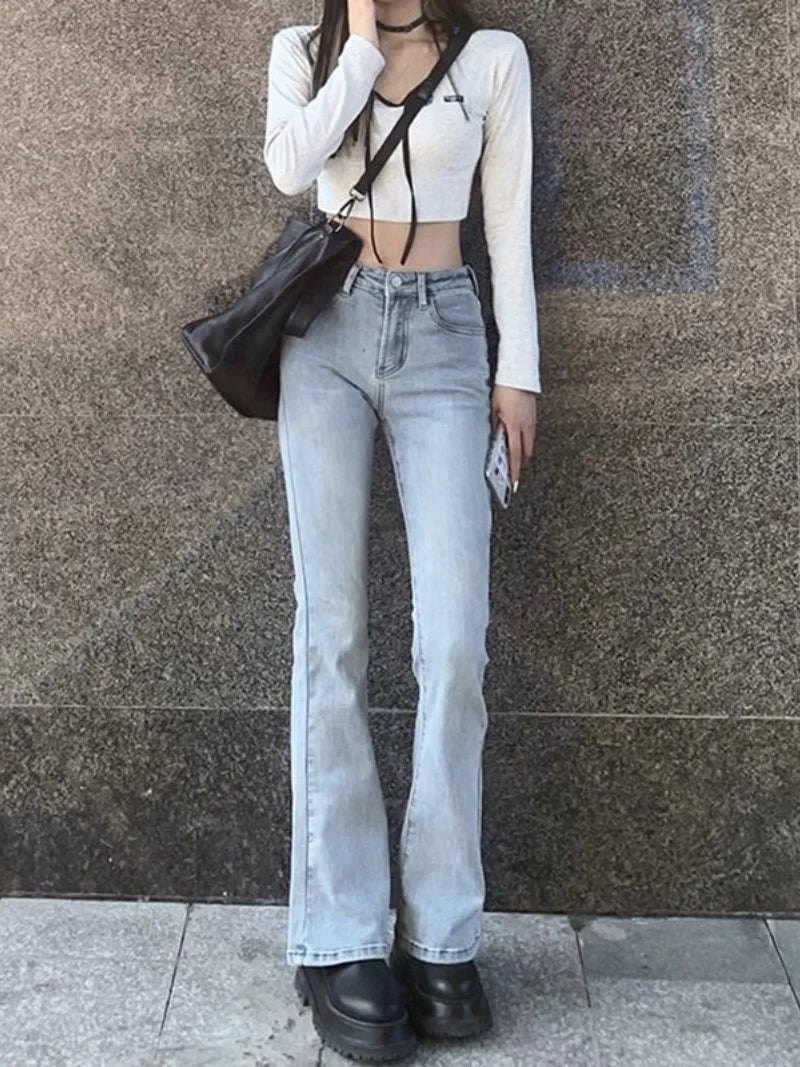 LIZAKOSHT -  Women's Elastic Slim Denim Flare Boot Cut Pants Female Lady Vintage High Waist Trumpet Full Length Jeans Streetwear for Women