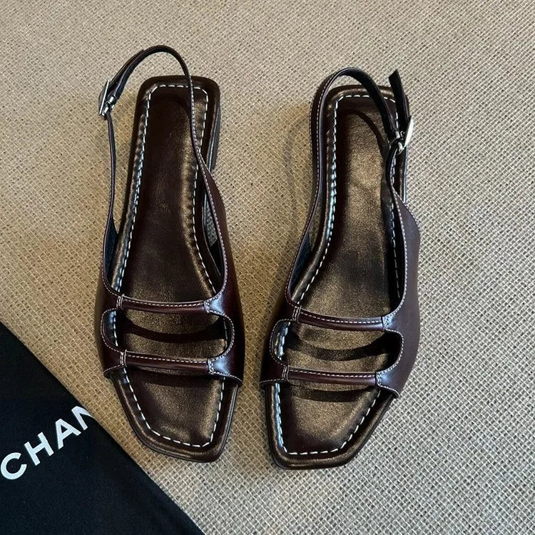 LIZAKOSHT  -  Designer Retro Summer Buckle Sandals French Elegant Women Flat Sandals Beach Square Toe Roman Shoes Ladies
