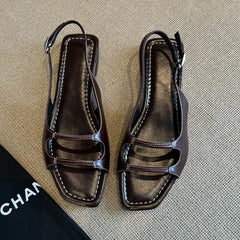 LIZAKOSHT  -  Designer Retro Summer Buckle Sandals French Elegant Women Flat Sandals Beach Square Toe Roman Shoes Ladies